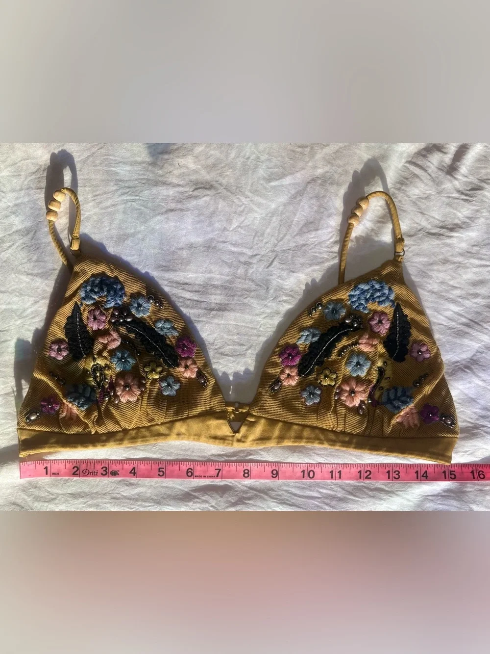 Intimately Free People Embroidered Beaded Floral Mesh Bralette Mustard Size L - Picture 6 of 8